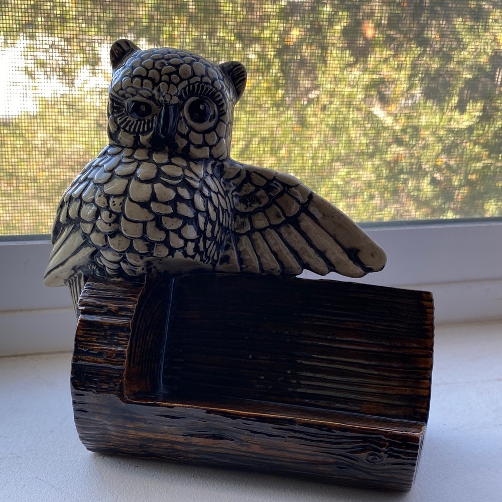 Vintage Handmade One of a Kind Owl Figurine on Wooden Log/ Business Card Holder